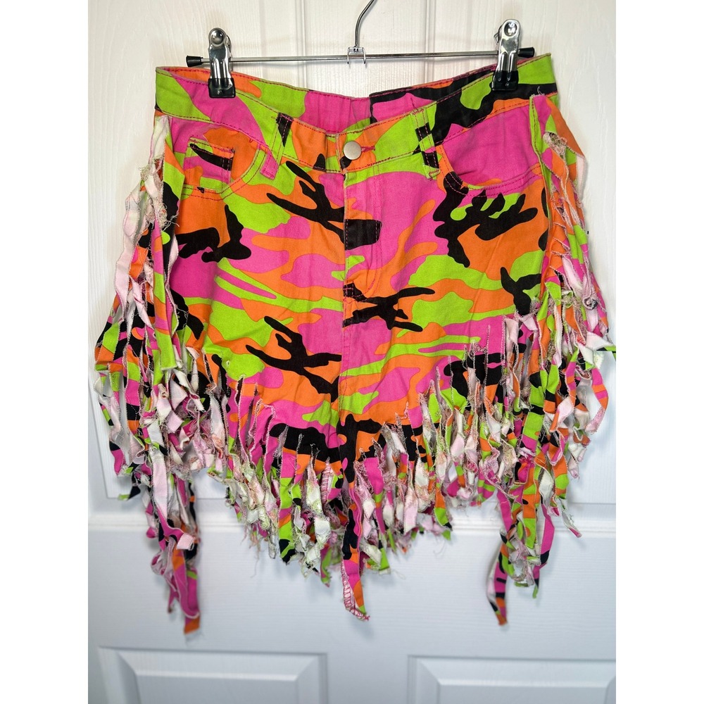 Camo Fringe Cut Off Shorts Large Neon Bright Pink‎ Green Rave Festival